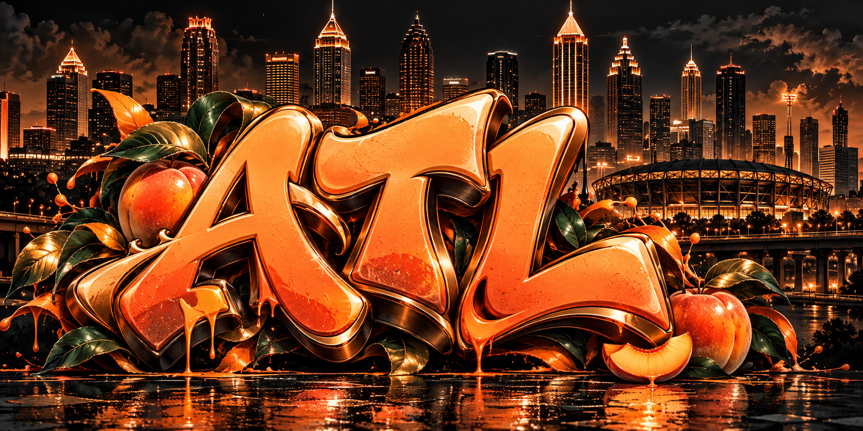 Glossy peach Atlanta graffiti with city skyline and baseball stadium