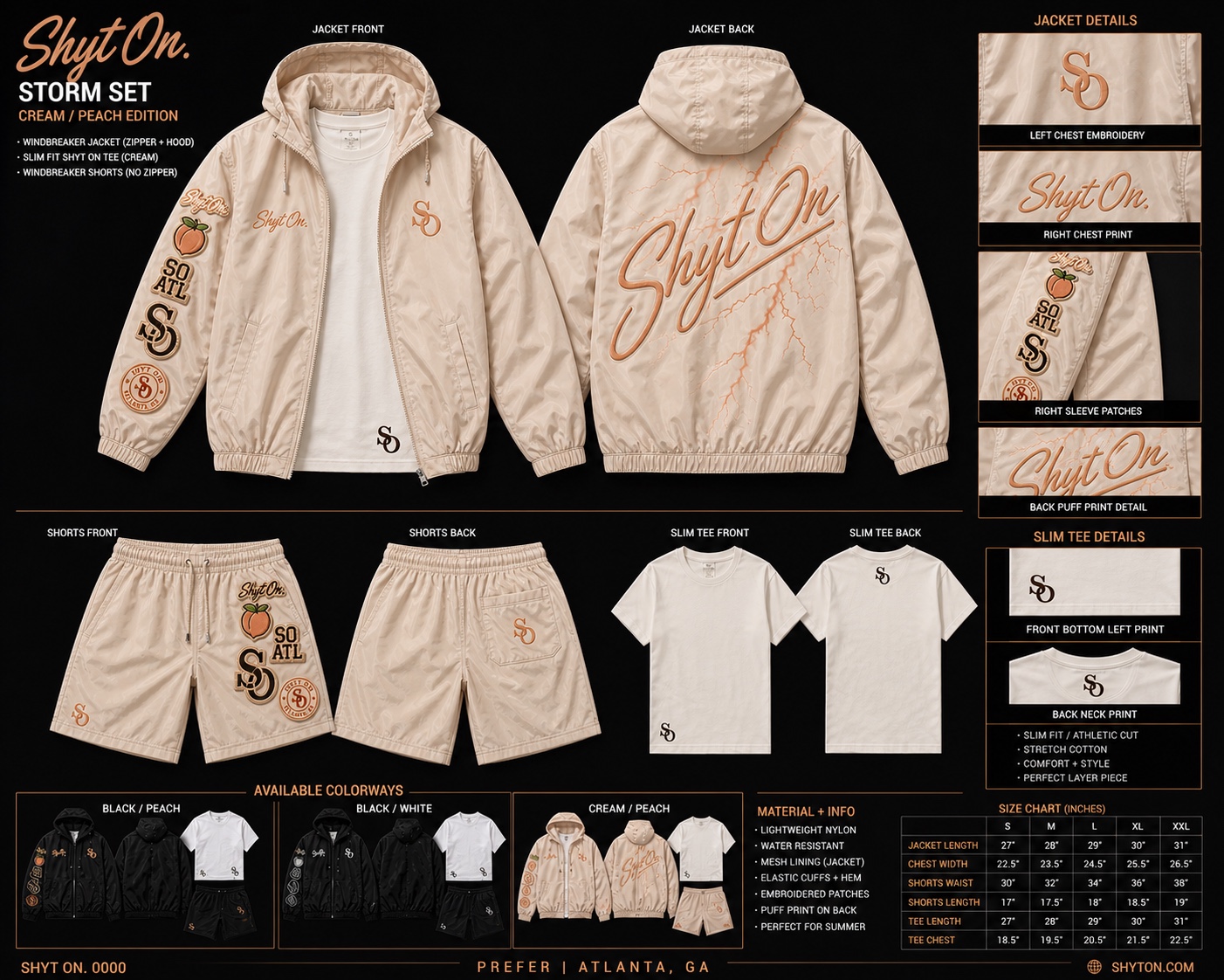 Khaki windbreaker, shorts and SO tee, front and back with design details