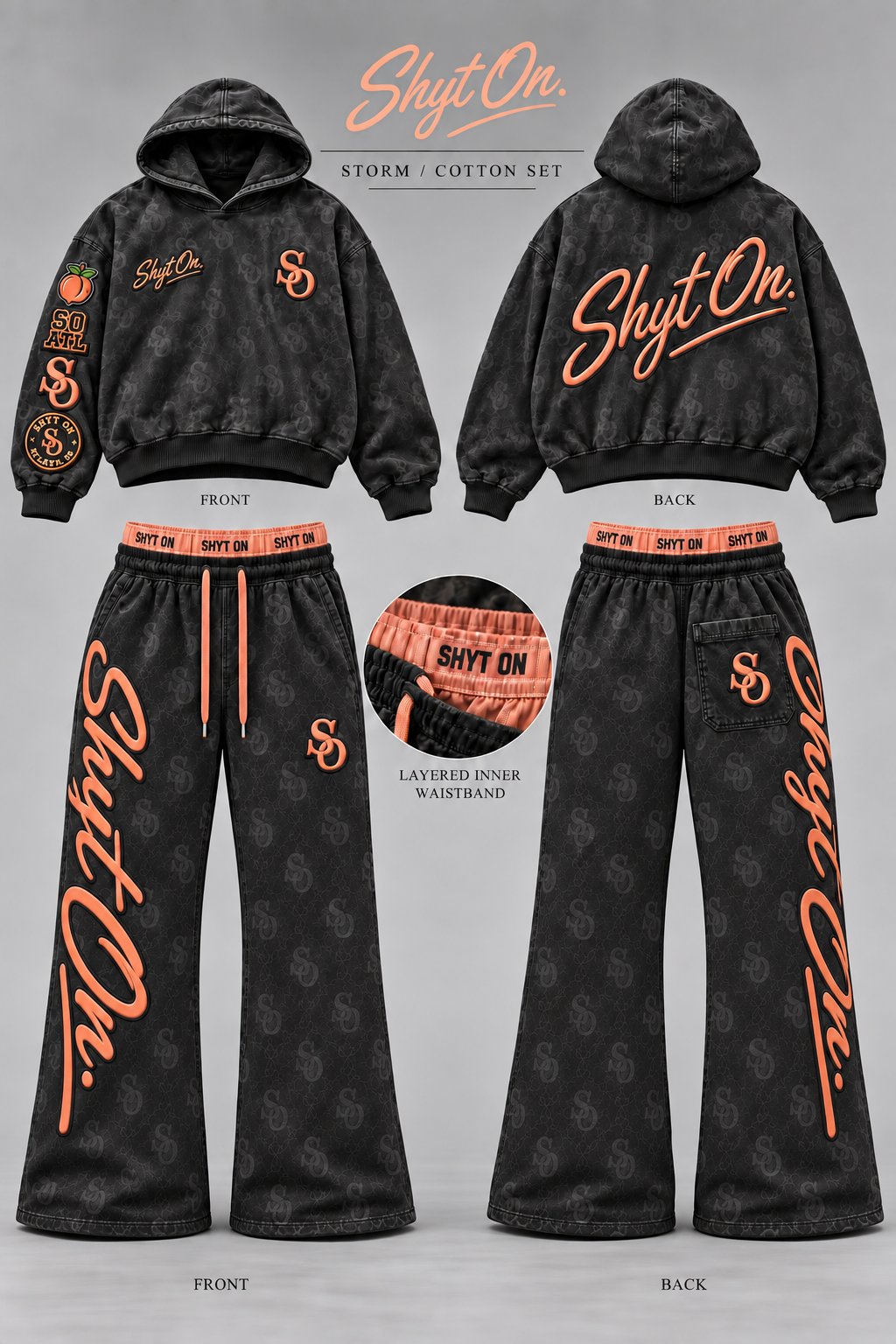 SHYT ON Storm Cotton Set, front and back: washed black hoodie, peach sleeve patches, slight-flare pants with large outer-leg script, and exposed peach inner waistband